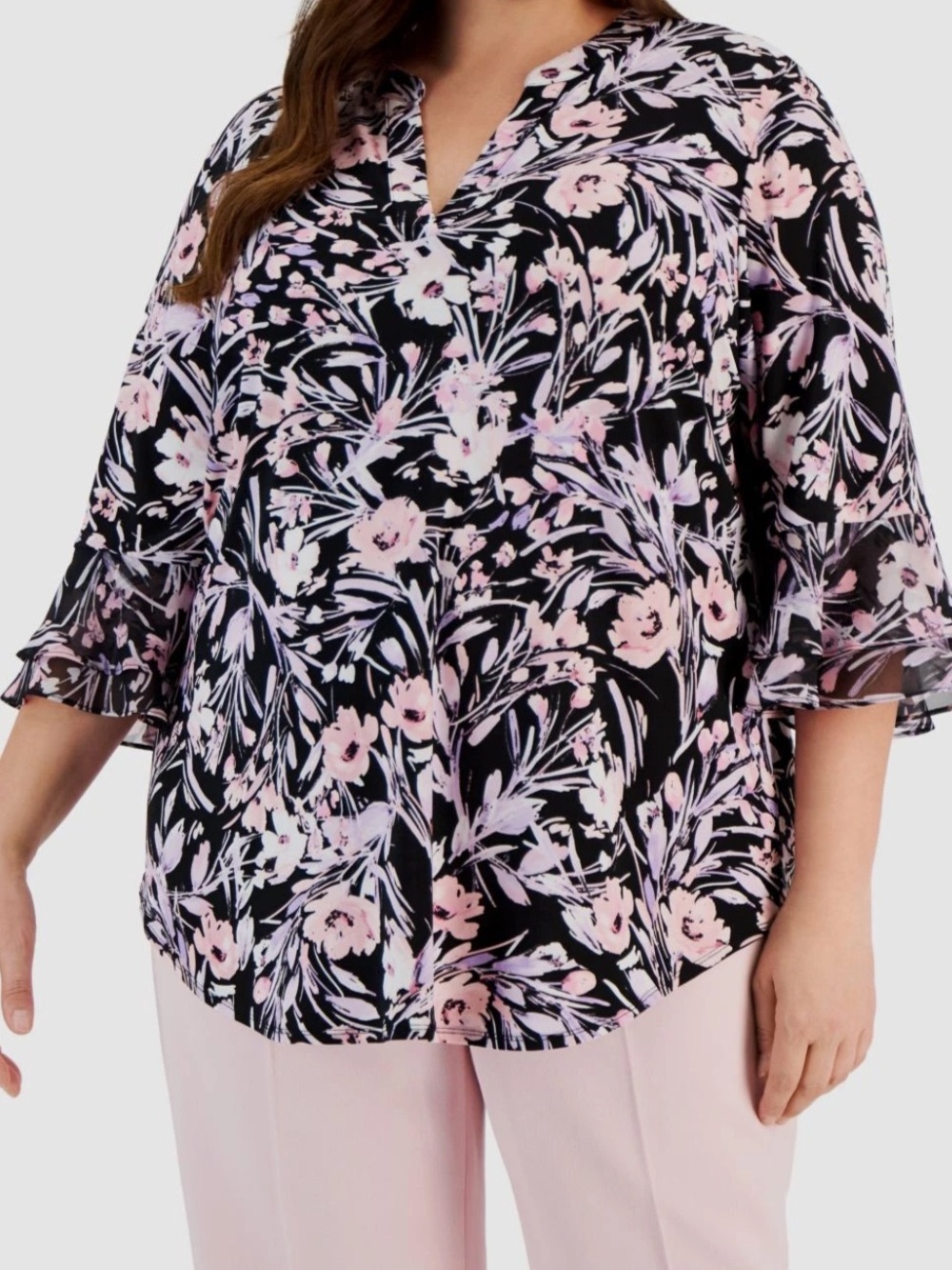 Kasper Black Floral Split-Neck Tunic Pink Purple 3/4 Sleeve Stretch Petite XL